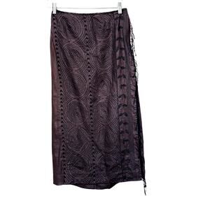 Ellen Tracy Linen Skirt sz 10 Brown Black Tribal Embroidered Fringe Sarong Wrap